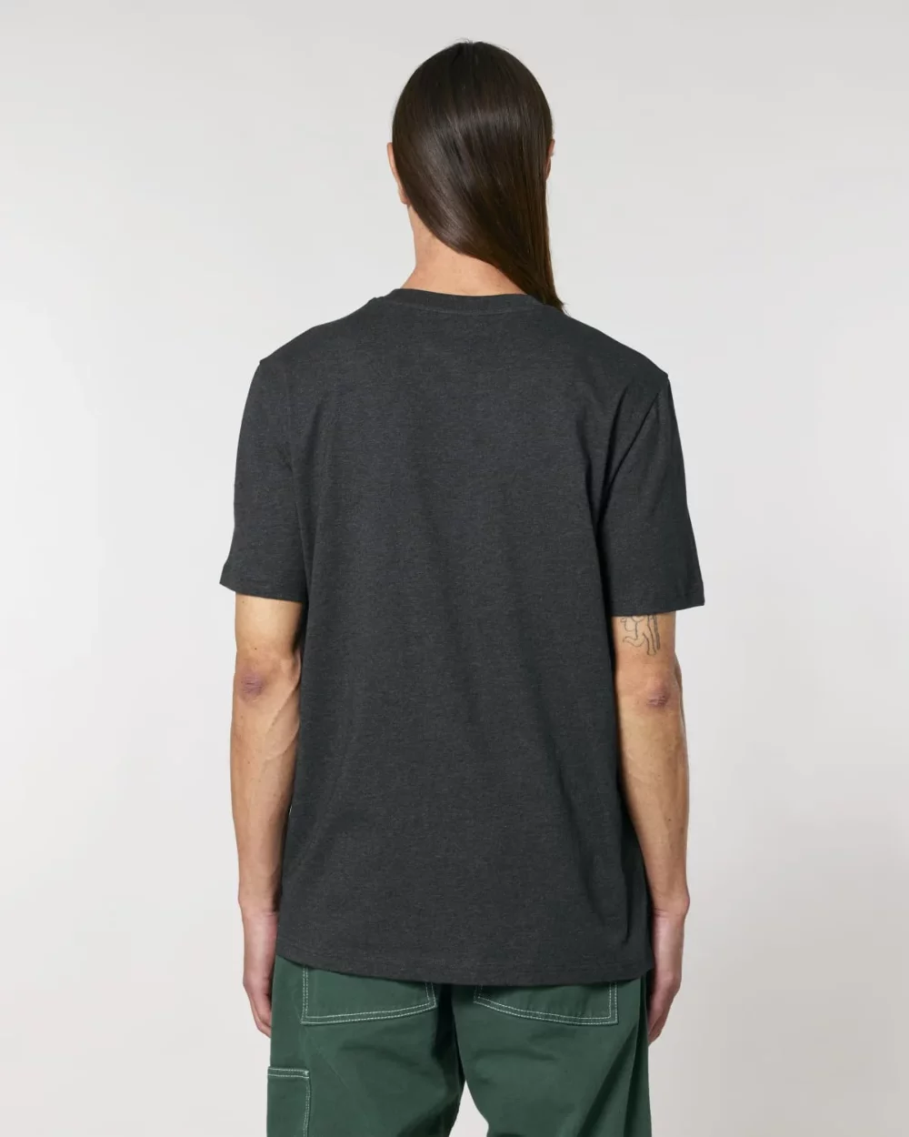 T-shirt bio unisexe Creator 2.0 coloris Dark Heather Grey, porté, vue de dos