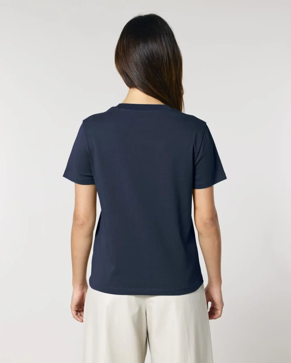 T-shirt bio femme Stella Muser coloris French Navy, porté, vue de dos