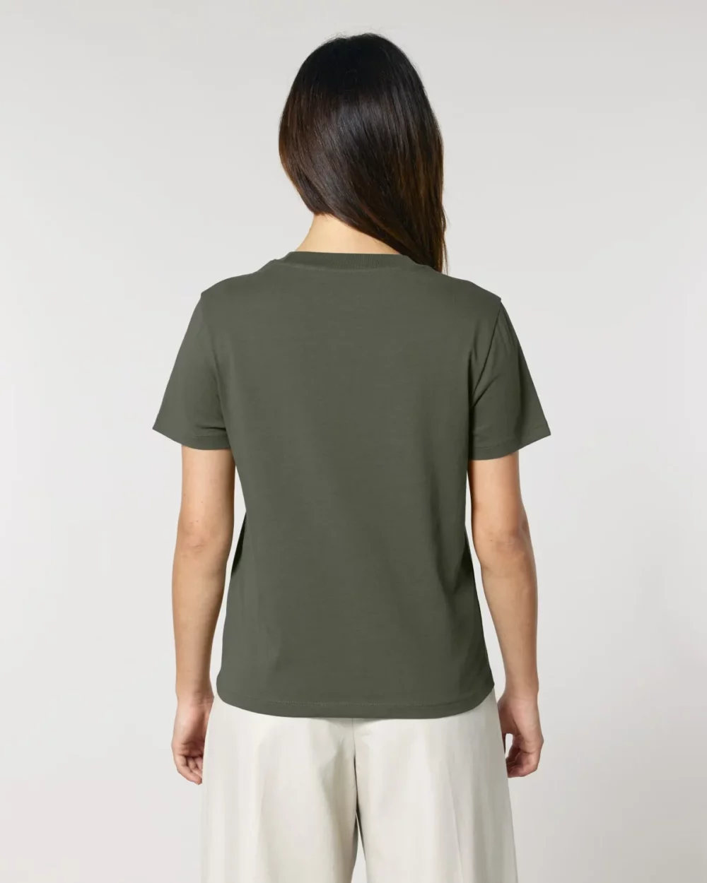 T-shirt bio femme Stella Muser coloris Khaki, porté, vue de dos