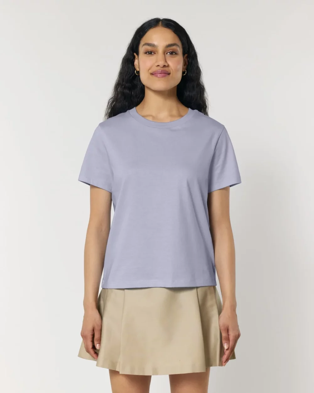 T-shirt bio femme Stella Muser coloris Lavender, porté, vue de face