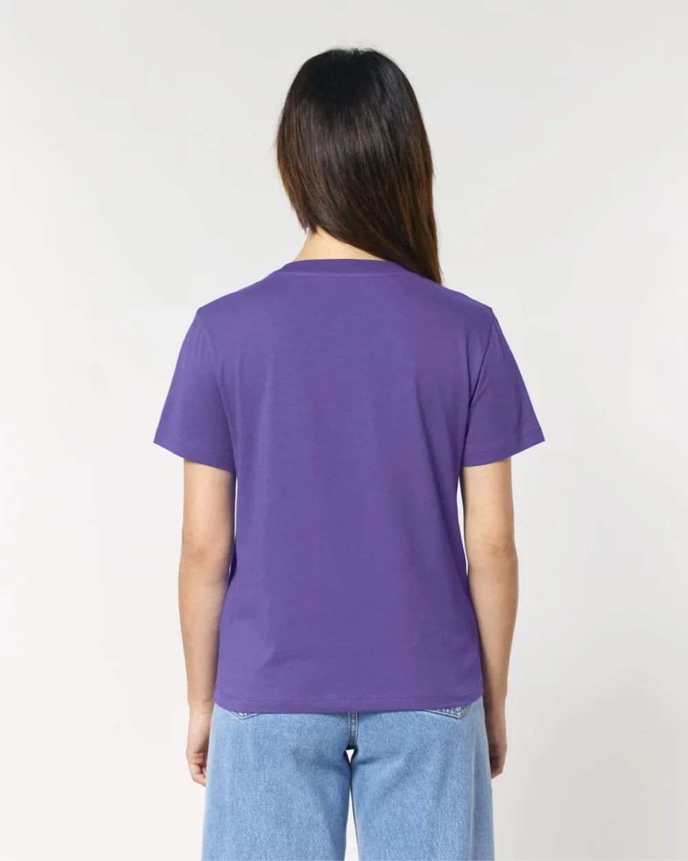 T-shirt bio femme Stella Muser coloris Purple Love, porté, vue de dos