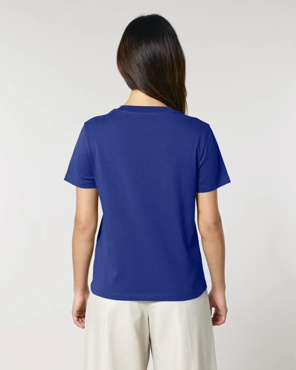 T-shirt bio femme Stella Muser coloris Worker Blue, porté, vue de dos